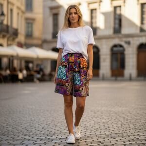 Studio New York 100% Silk Baroque Shorts High Waist Purple 90s Vintage Size S